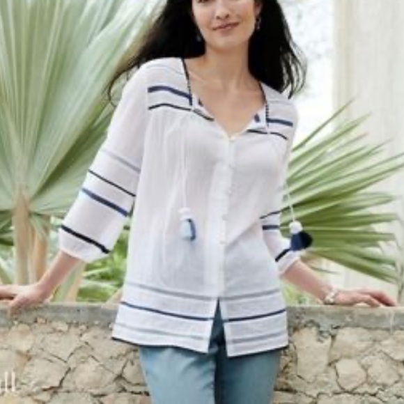 J.Jill White Gauze Shirt Top Pom Pom Tassels - Picture 1 of 7